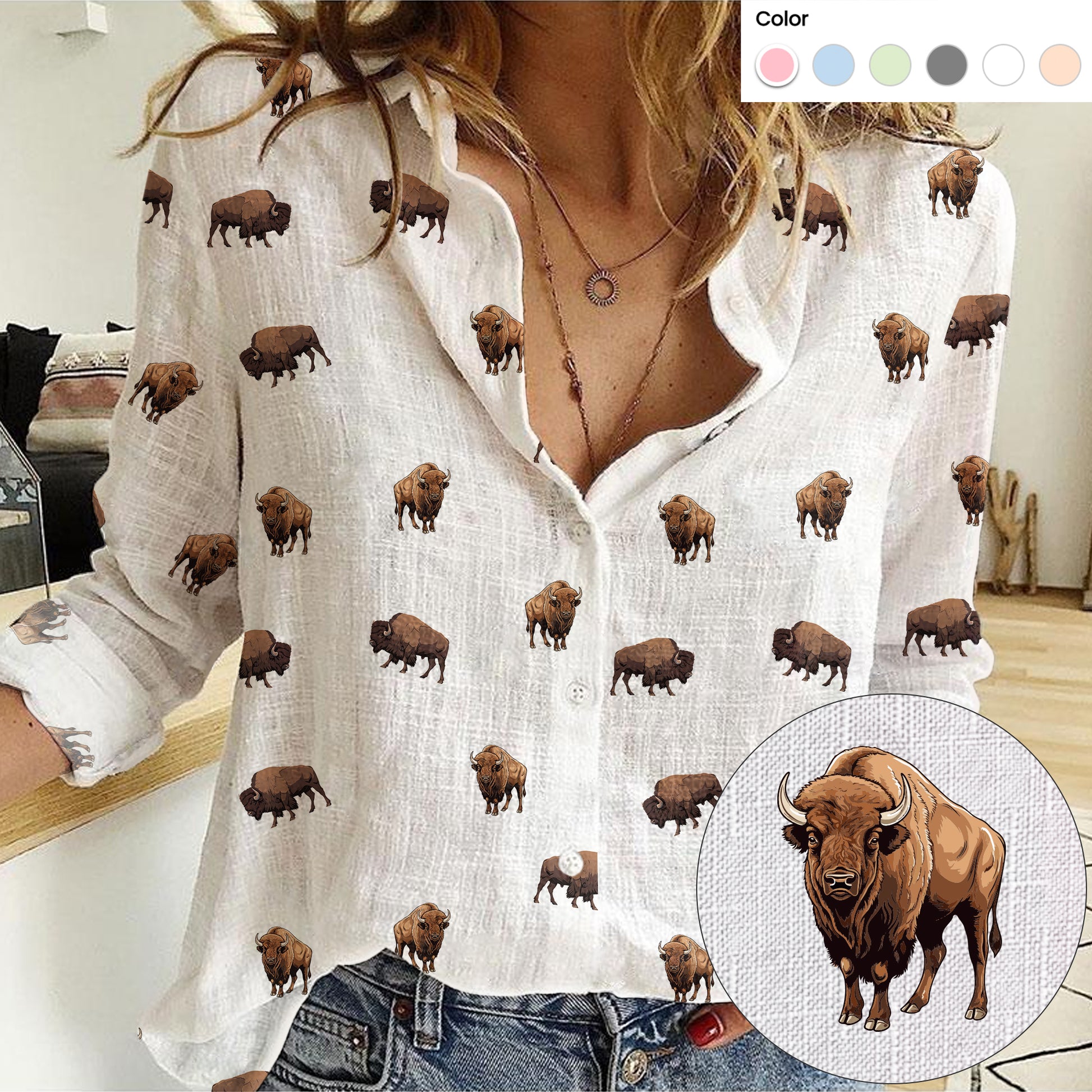 American Buffalo icon pattern Women's Mock Linen Shirts - myfunfarm