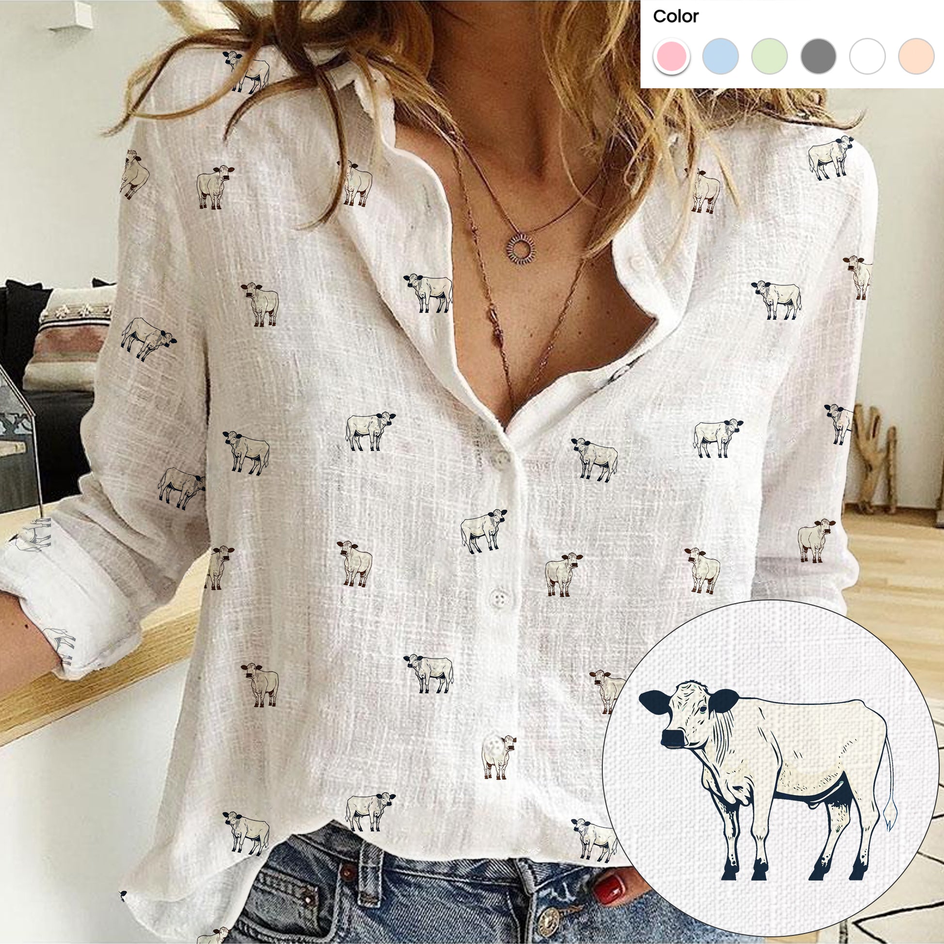 British White cattle icon pattern Women's Mock Linen Shirts for farmers - myfunfarm