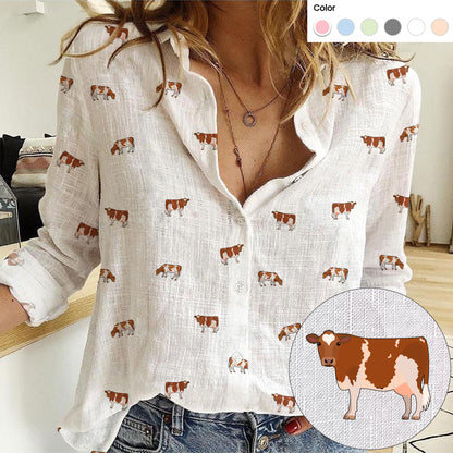 Guernsey cattle icon pattern Women's Mock Linen Shirts for farmers - myfunfarm