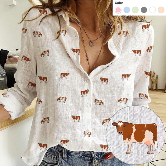 Guernsey cattle icon pattern Women's Mock Linen Shirts for farmers - myfunfarm