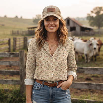 Floral Brahman cattle pattern Women's Mock Linen Shirts