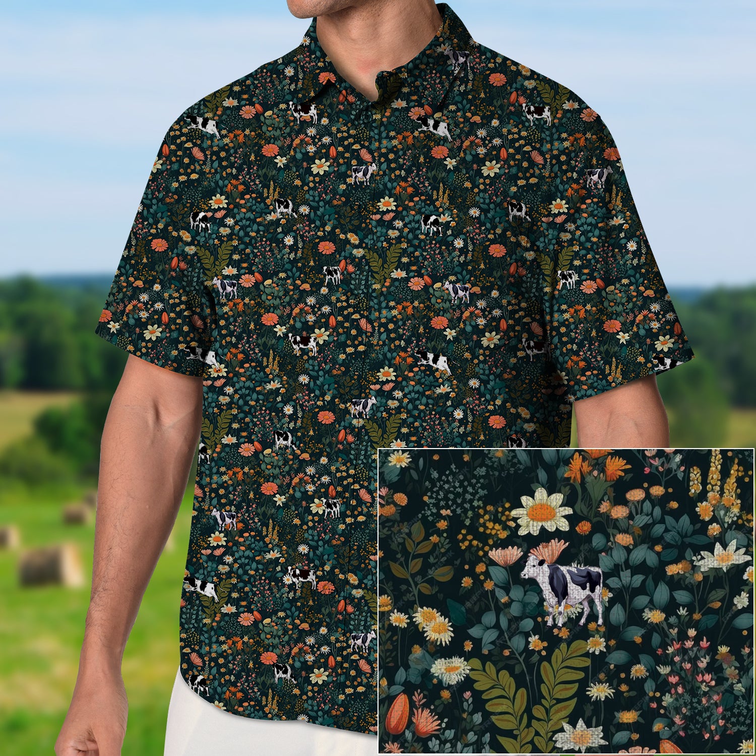 Floral Dairy cow - Button Down Shirts for farmers - myfunfarm