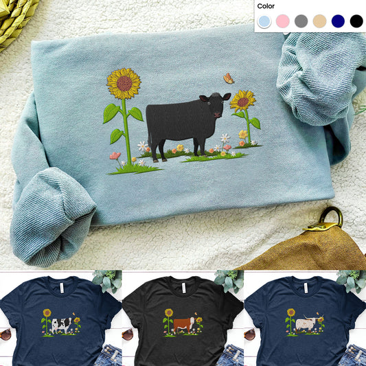 Cute Cow Embroidered Sweatshirt, Hoodie, T-shirt, Gift for Farmer - myfunfarm