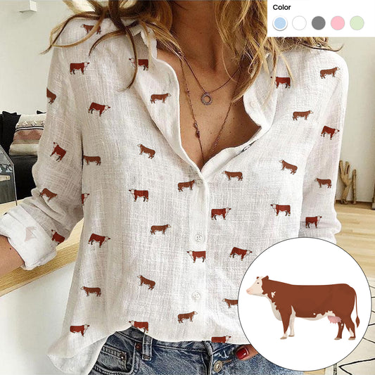 Hereford cattle icon pattern Women's Mock Linen Shirts for farmers - myfunfarm