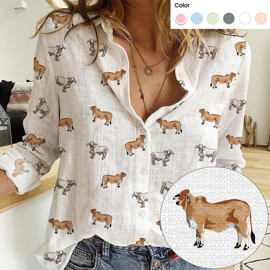 Brahman Cattle icon pattern Women's Mock Linen Shirts for farmers - myfunfarm