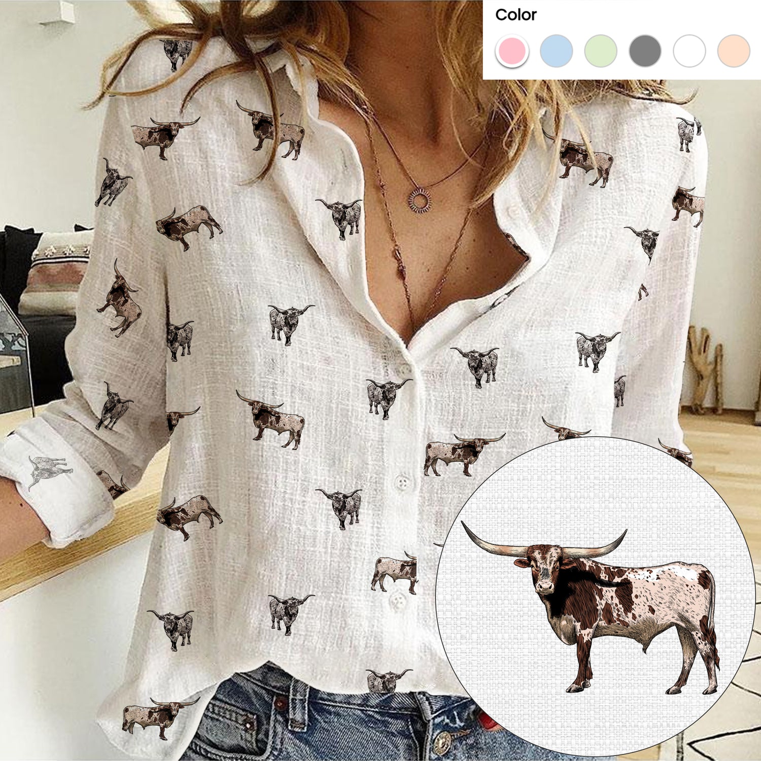 Texas Longhorn Cattle icon pattern Women's Mock Linen Shirts for farmers - myfunfarm