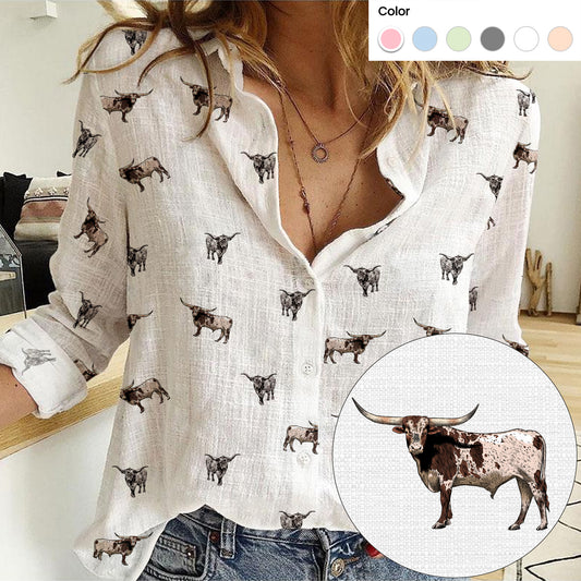 Texas Longhorn Cattle icon pattern Women's Mock Linen Shirts for farmers - myfunfarm