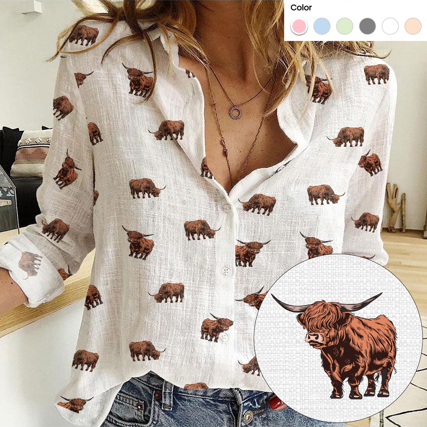 Highland Cattle icon pattern Women's MockLinen Shirts for farmers - myfunfarm