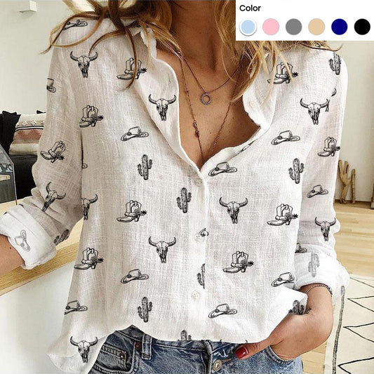 Western Texas pattern Women's Mock Linen Shirts - myfunfarm