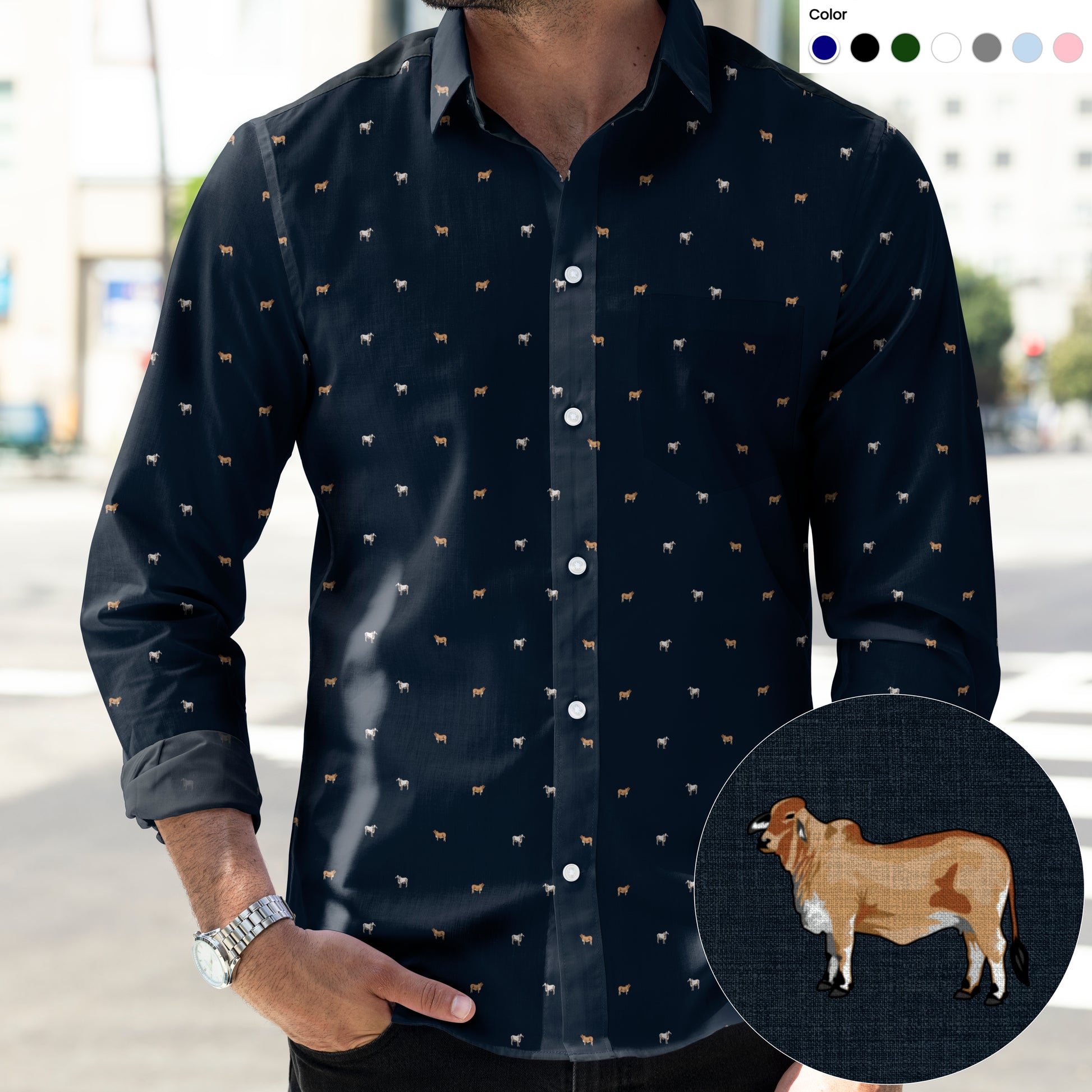 Brahman cattle icon pattern - Men's Casual Long Sleeve Shirt - myfunfarm