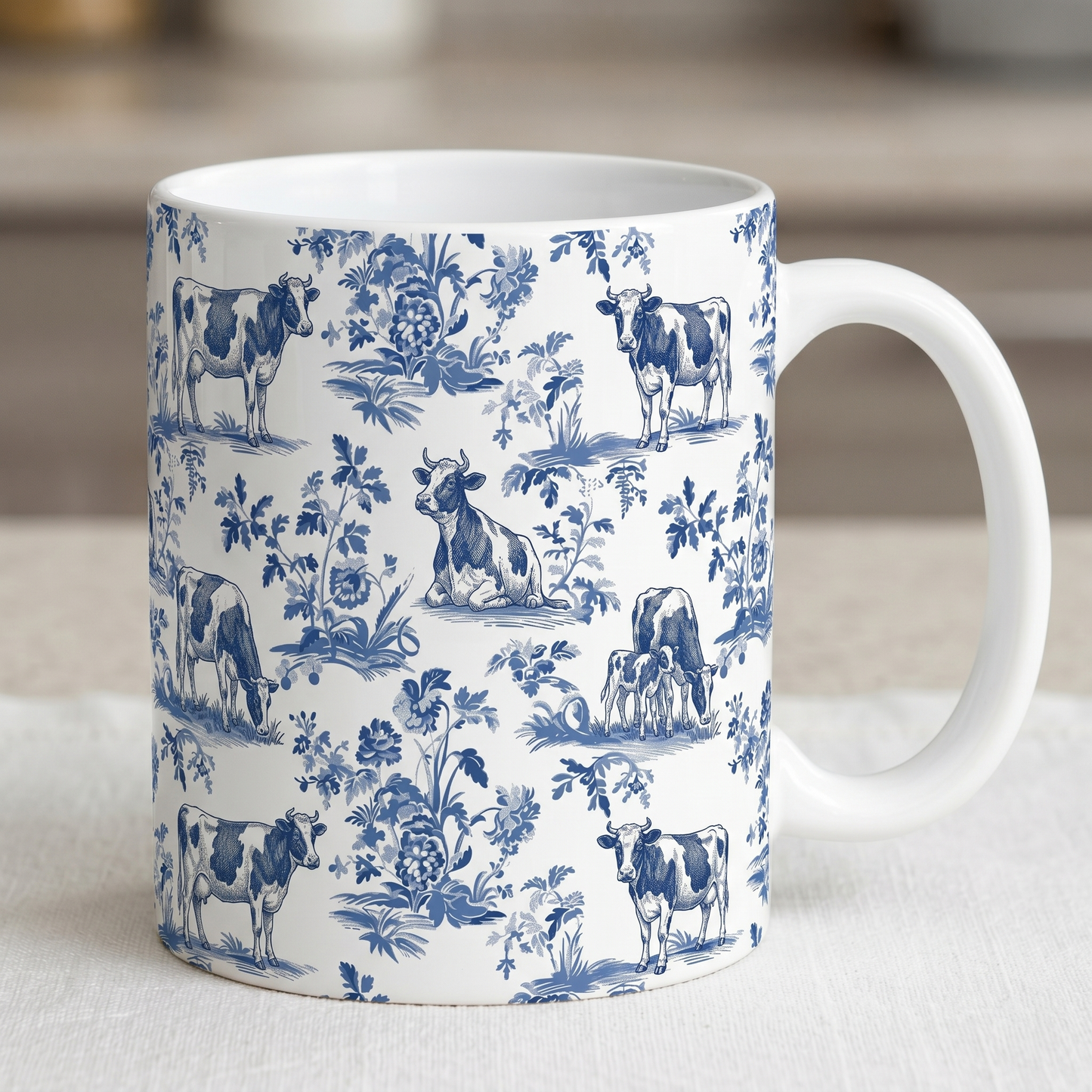 Cow French Toile de Jouy Mug, Blue Toile Coffee Cup Cow Lover Gifts - myfunfarm