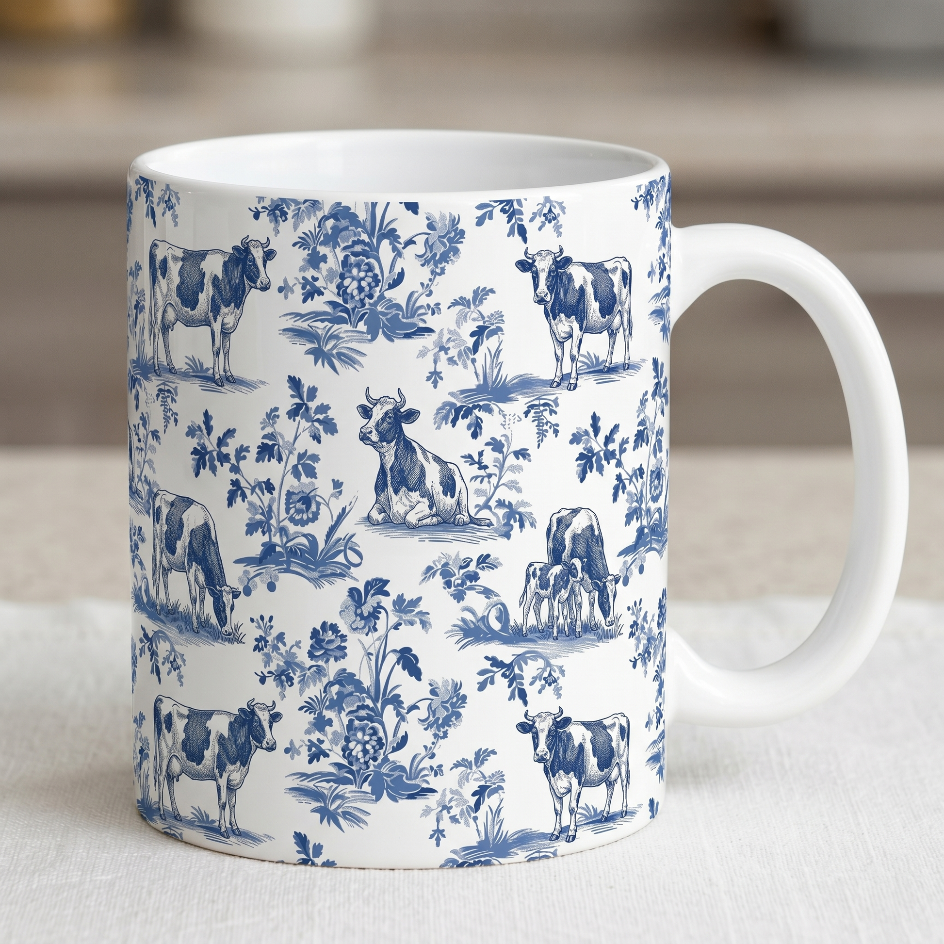 Cow French Toile de Jouy Mug, Blue Toile Coffee Cup Cow Lover Gifts - myfunfarm
