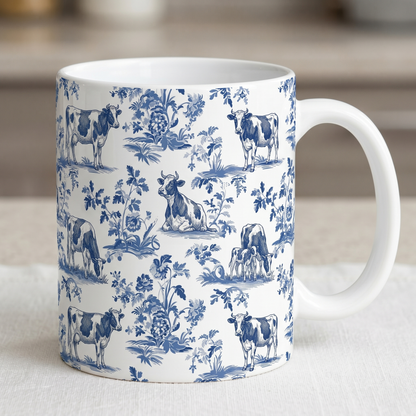 Cow French Toile de Jouy Mug, Blue Toile Coffee Cup Cow Lover Gifts - myfunfarm