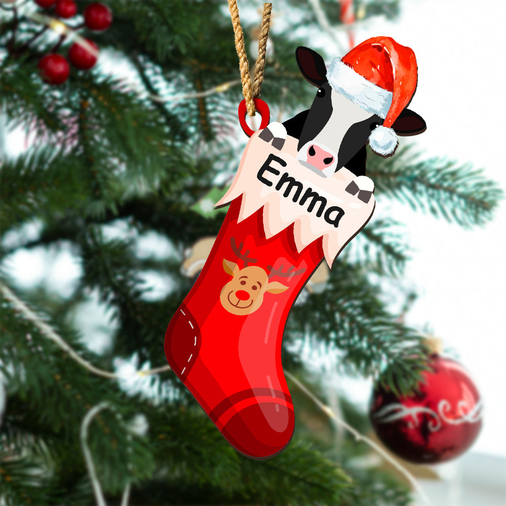 Personalized Wooden Ornament Cattle in Stockings For Christmas