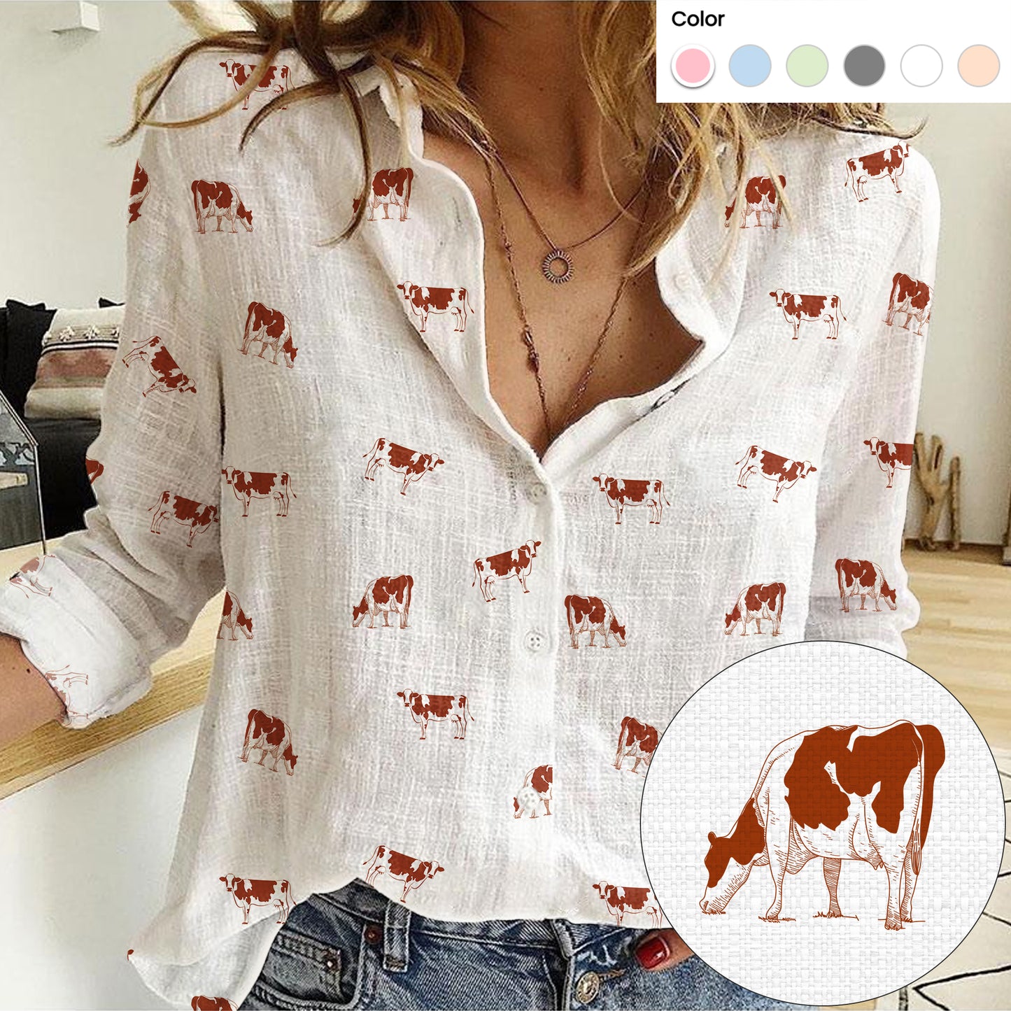 Ayrshires Cattle icon pattern Women's Mock Linen Shirts for farmers - myfunfarm