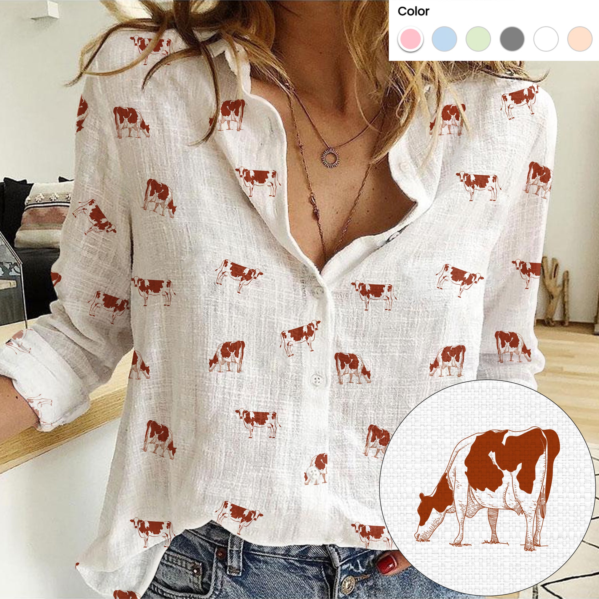 Ayrshires Cattle icon pattern Women's Mock Linen Shirts for farmers - myfunfarm