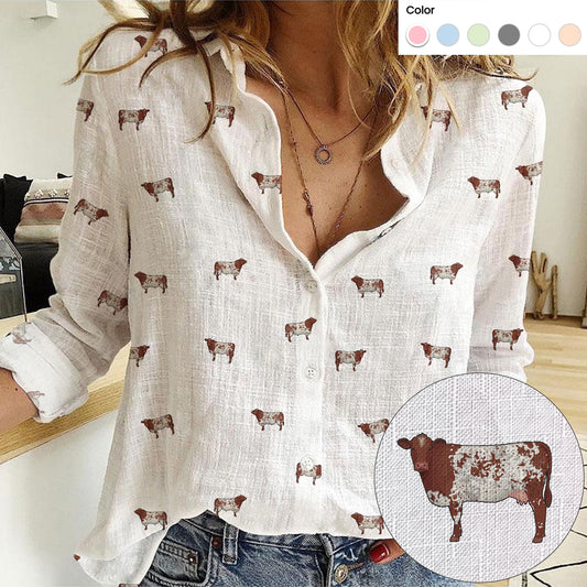 Shorthorn cattle icon pattern Women's Mock Linen Shirts for farmers