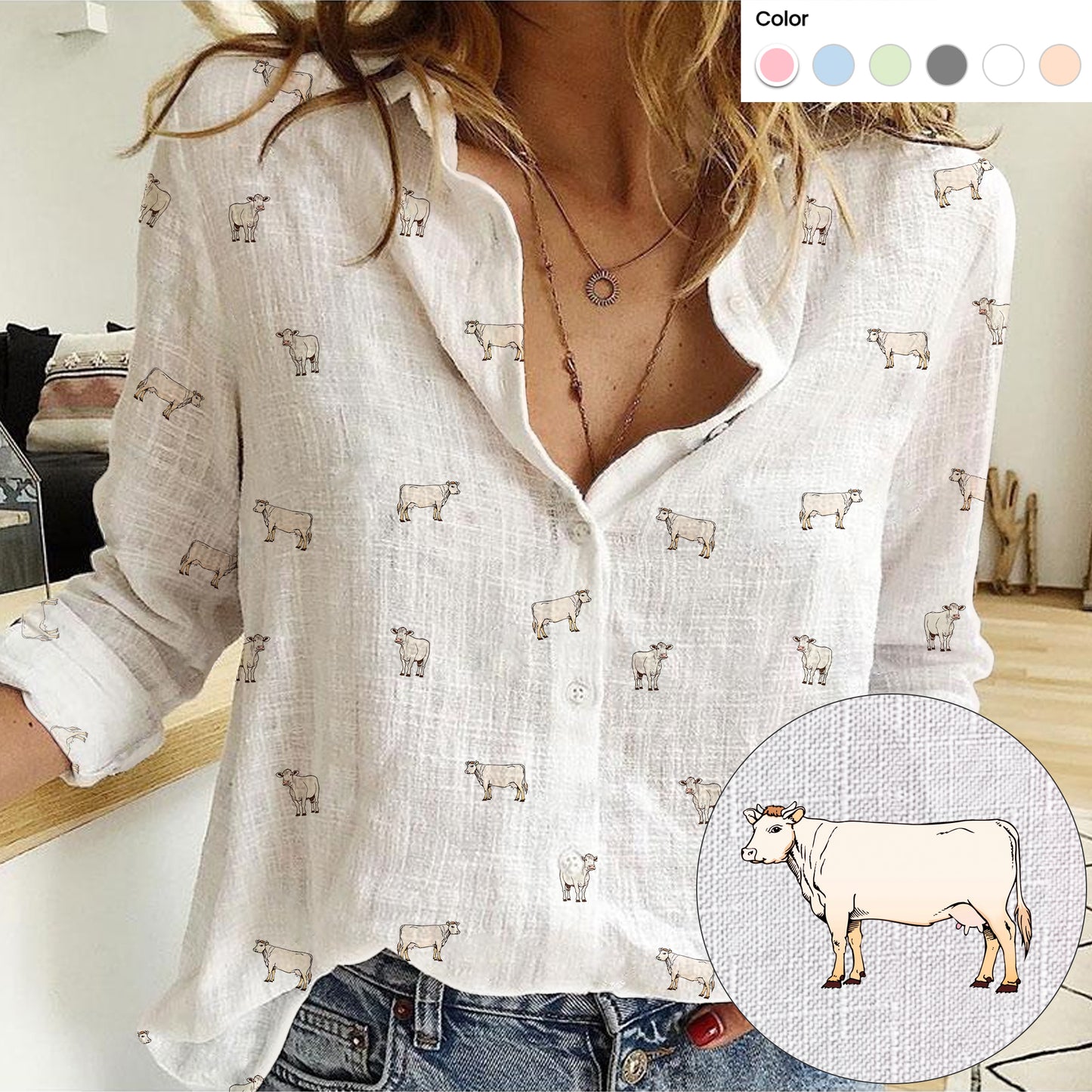 Charolais cattle icon pattern Women's Mock Linen Shirts for farmers - myfunfarm