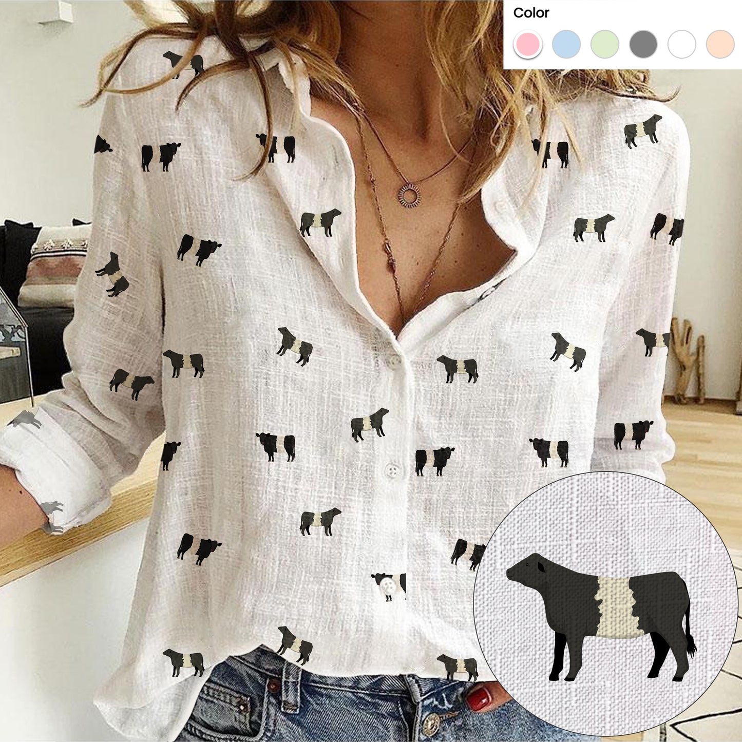 Belted Galloway Cattle pattern Women's Mock Linen Shirts for farmers - myfunfarm
