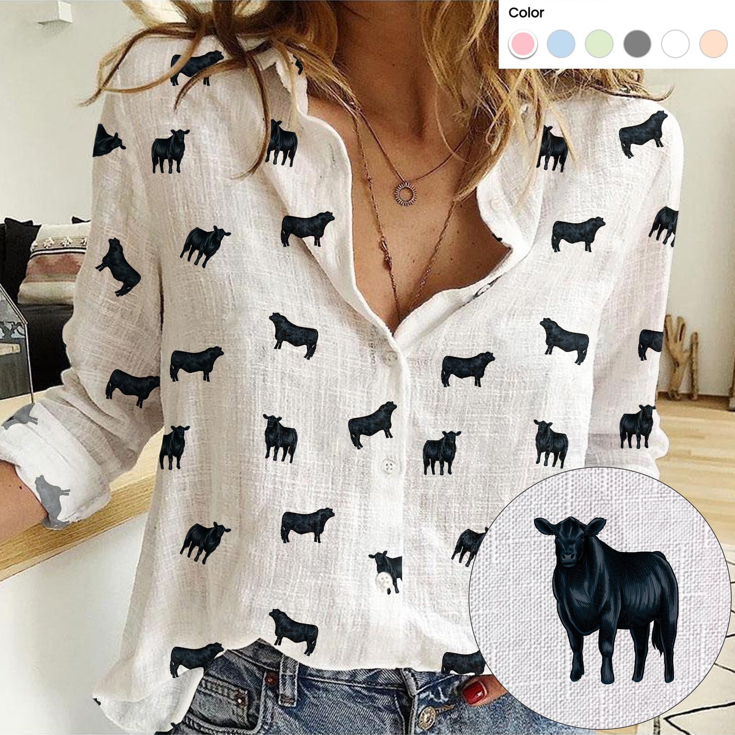 Brangus Cattle icon pattern Women's Mock Linen Shirts for farmers - myfunfarm
