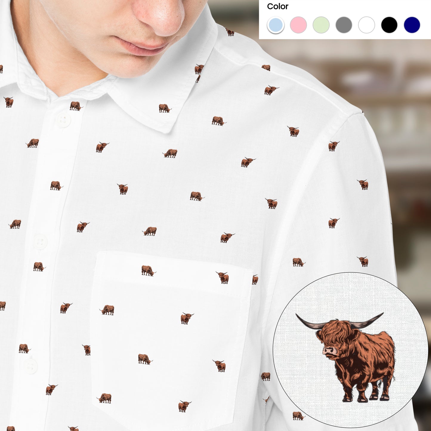 Highland cattle pattern - Men's Casual Long Sleeve Shirt - myfunfarm
