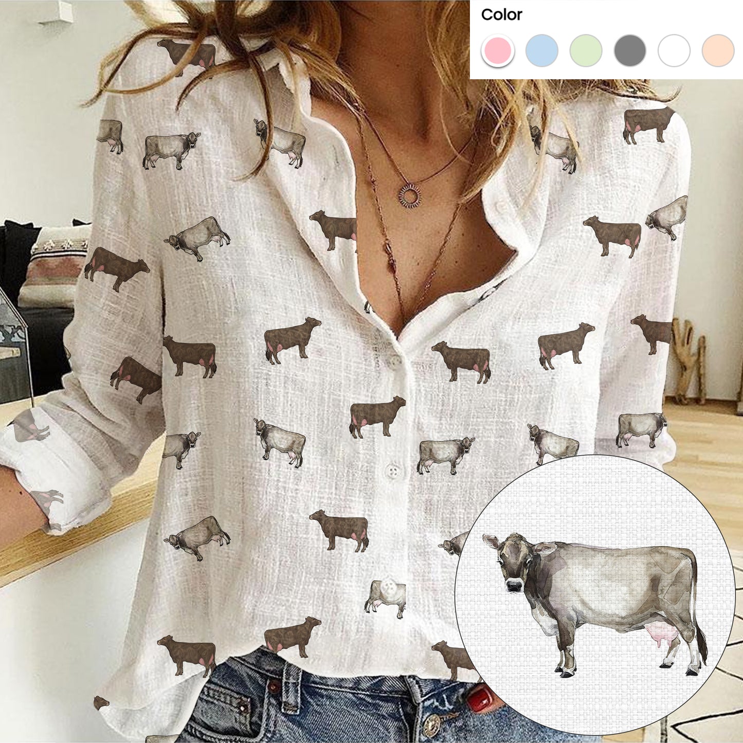 Brown swiss Cattle icon pattern Women's Mock Linen Shirts for farmers - myfunfarm