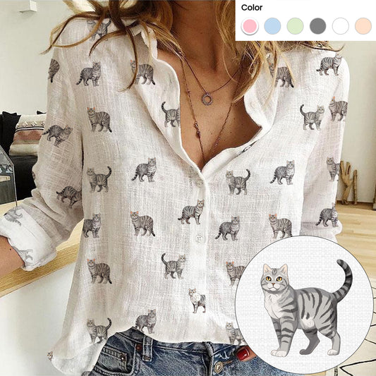 American Shorthair Cat icon pattern Women's Mock Linen Shirts for Cat Lovers - myfunfarm