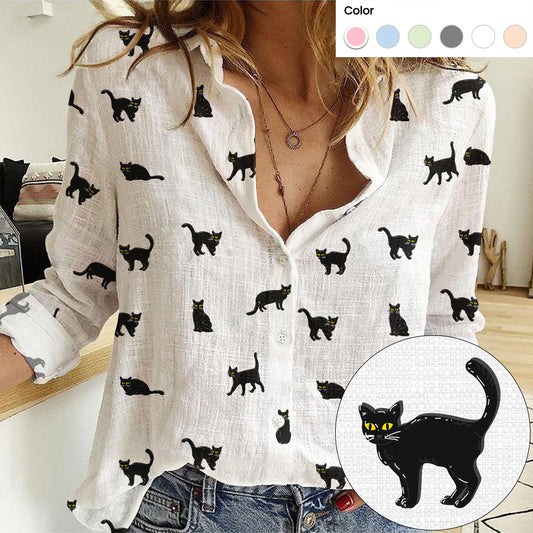Black cat icon pattern Women's Mock Linen Shirts for Cat Lovers - myfunfarm