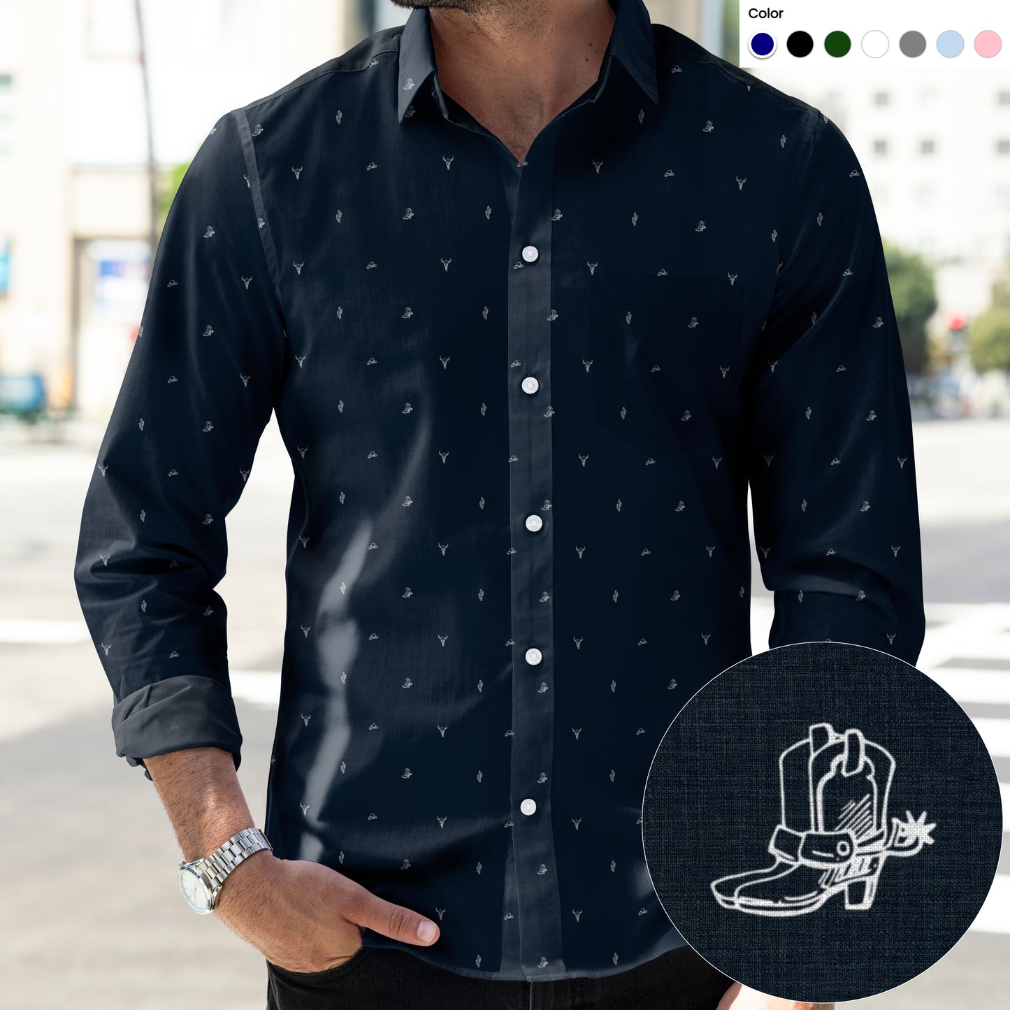 Texas Western pattern - Men's Casual Long Sleeve Shirt - myfunfarm
