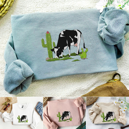 Cute Cow Embroidered Sweatshirt, Hoodie, T-shirt, Gift for Cow Lover