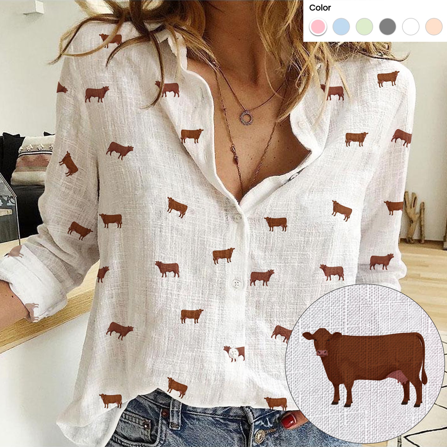 Red angus cattle icon pattern Women's Mock Linen Shirts for farmers - myfunfarm