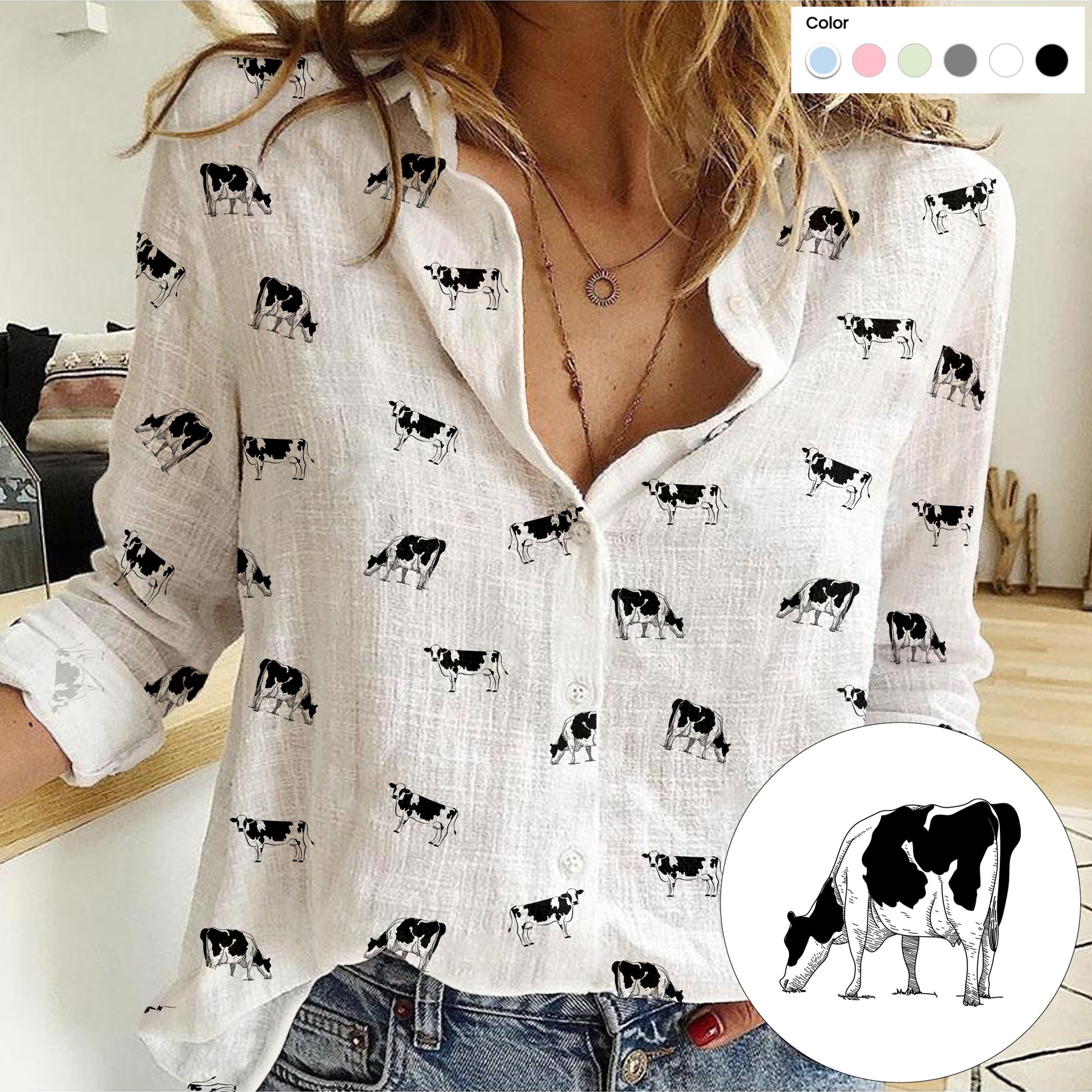 Dairy cow icon pattern Women's Mock Linen Shirts for farmers - myfunfarm