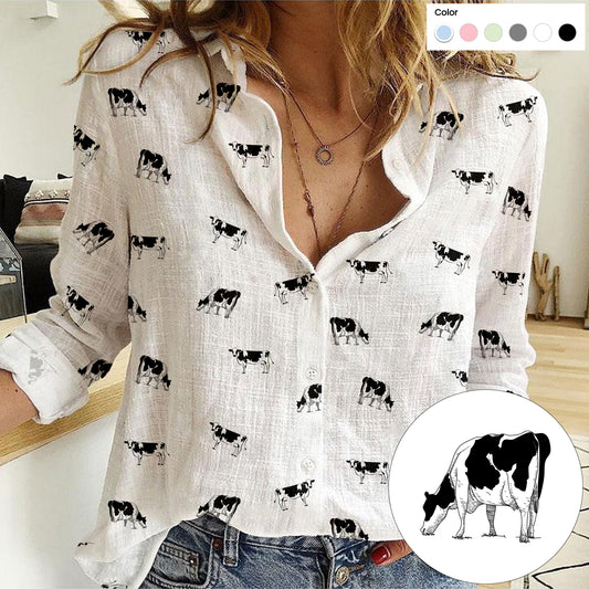 Dairy cow icon pattern Women's Mock Linen Shirts for farmers - myfunfarm