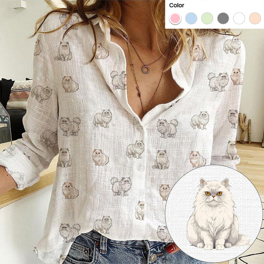 Persian Cat icon pattern Women's Mock Linen Shirts for Cat Lovers - myfunfarm