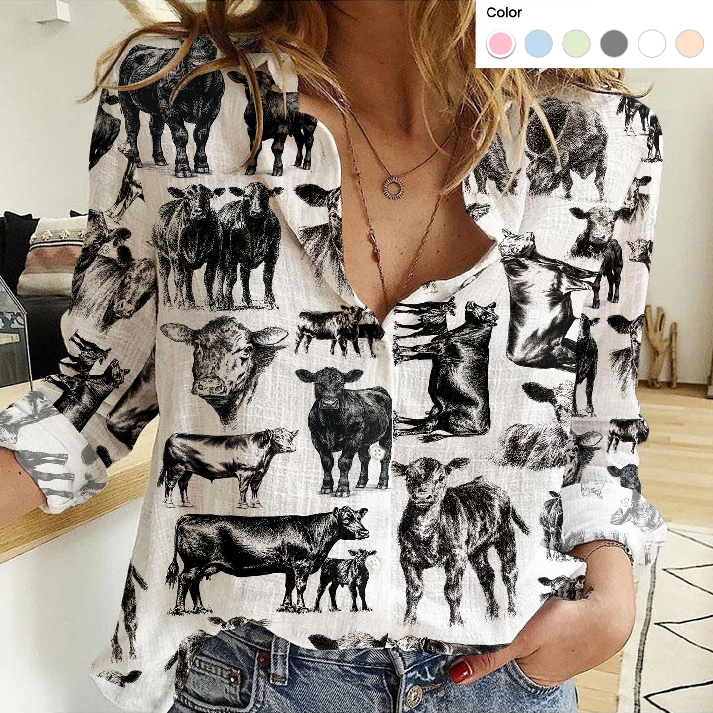 Angus Cattle pattern Women's Mock Linen Shirts for farmers - myfunfarm