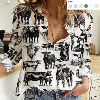Angus Cattle pattern Women's Mock Linen Shirts for farmers - myfunfarm