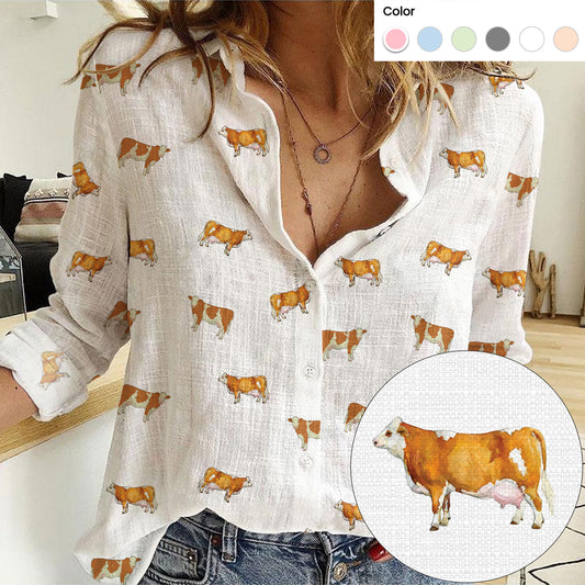 Simmental Cattle icon pattern Women's Mock Linen Shirts for farmers - myfunfarm