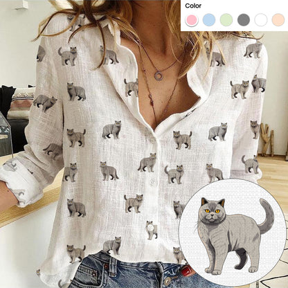 British Shorthair Cat icon pattern Women's Mock Linen Shirts for Cat Lovers - myfunfarm