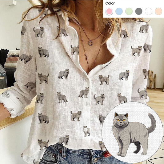 British Shorthair Cat icon pattern Women's Mock Linen Shirts for Cat Lovers - myfunfarm