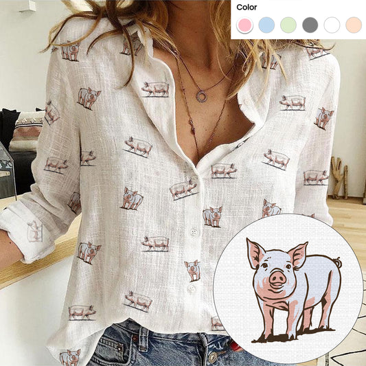 Cute pig icon pattern Women's Mock Linen Shirts - myfunfarm