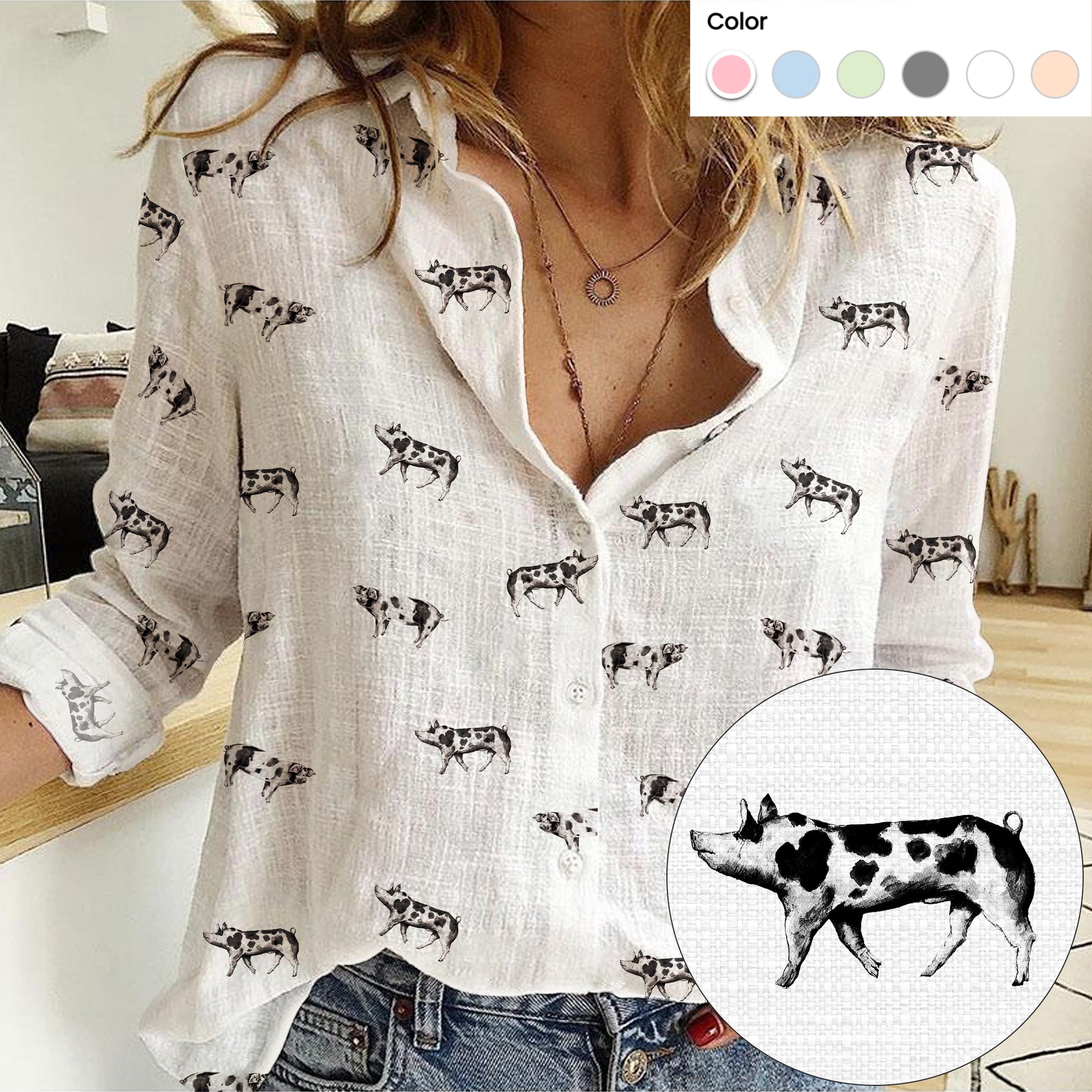 Spots pig icon pattern Women's MockLinen Shirts - myfunfarm