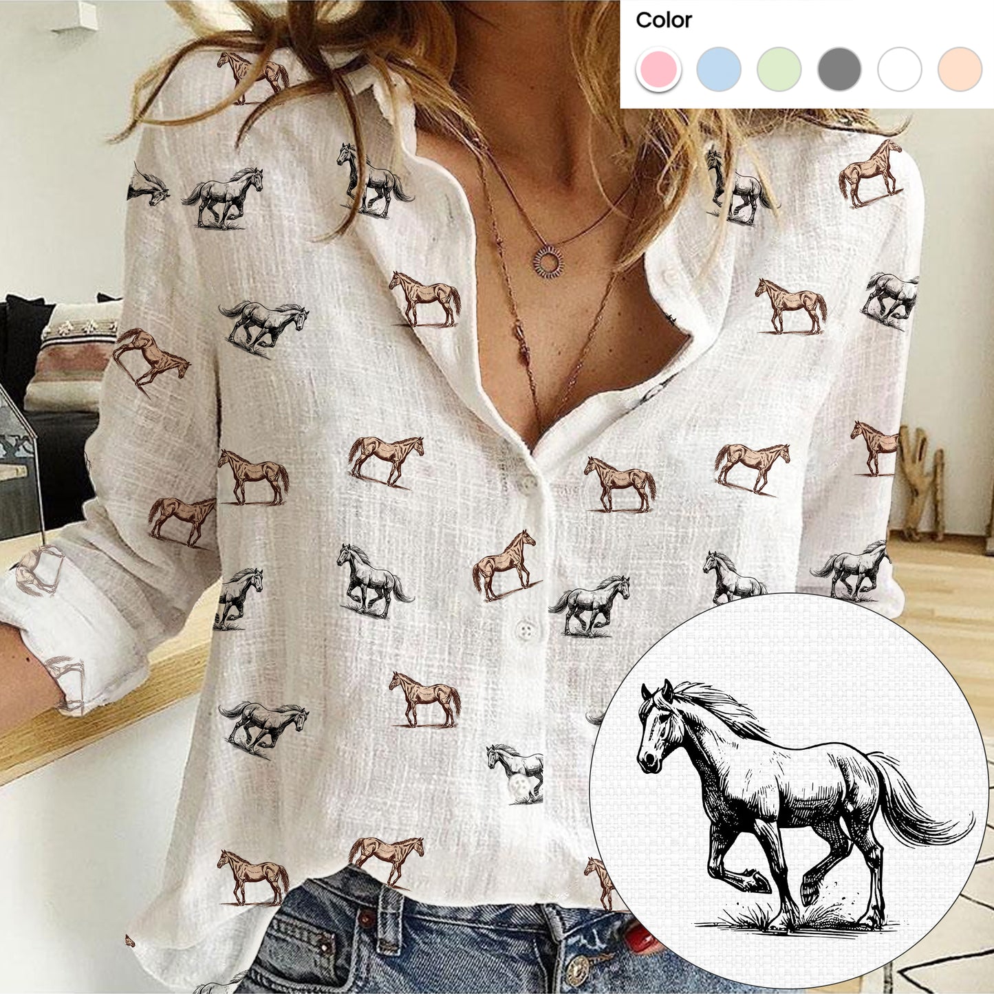 Horse icon pattern Women's Mock Linen Shirts - myfunfarm