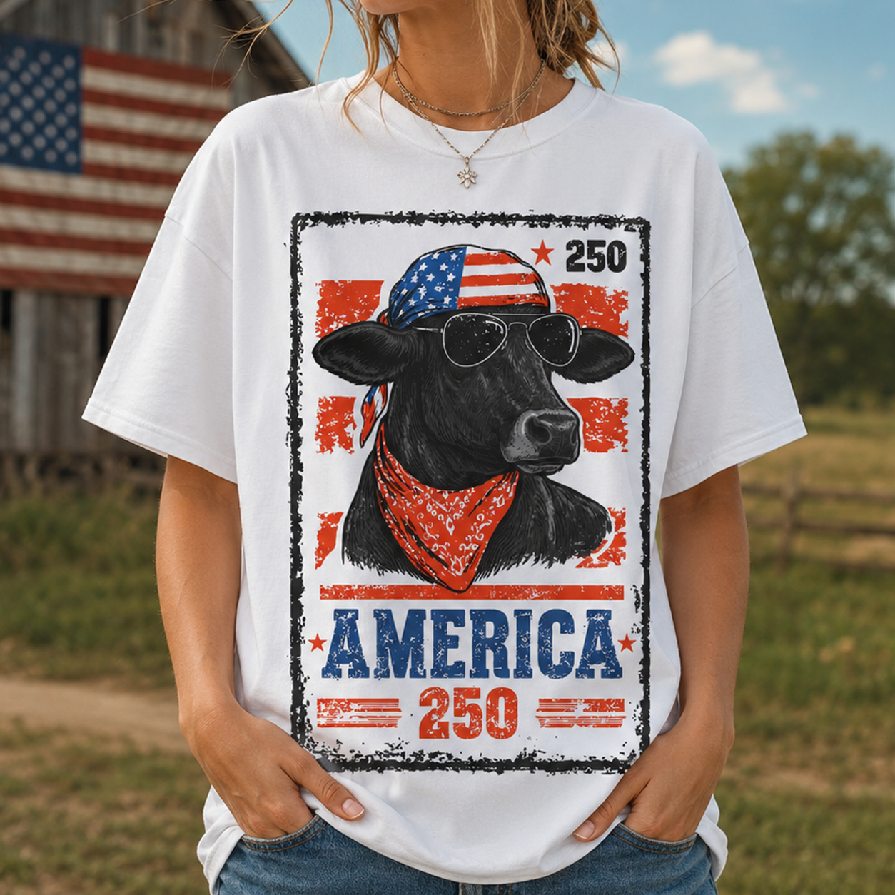 250th American Cattle Shirt, 4th of July Western Patriotic Gifts Unisex T-Shirt - myfunfarm