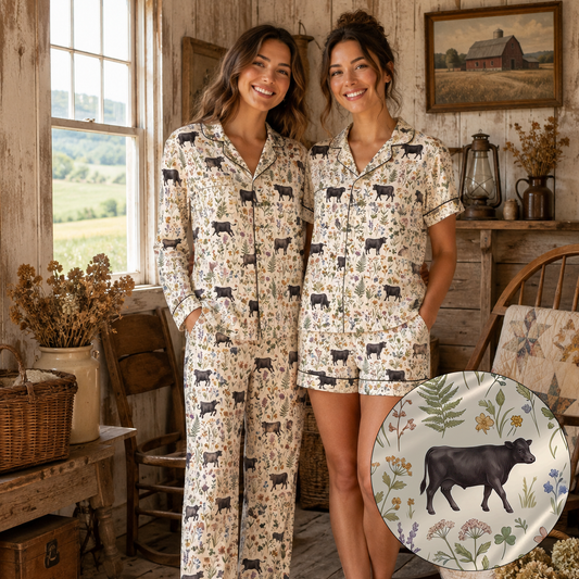 Angus cattle cute Floral Pattern Pajamas Set Matching Family Farrmer Outfit