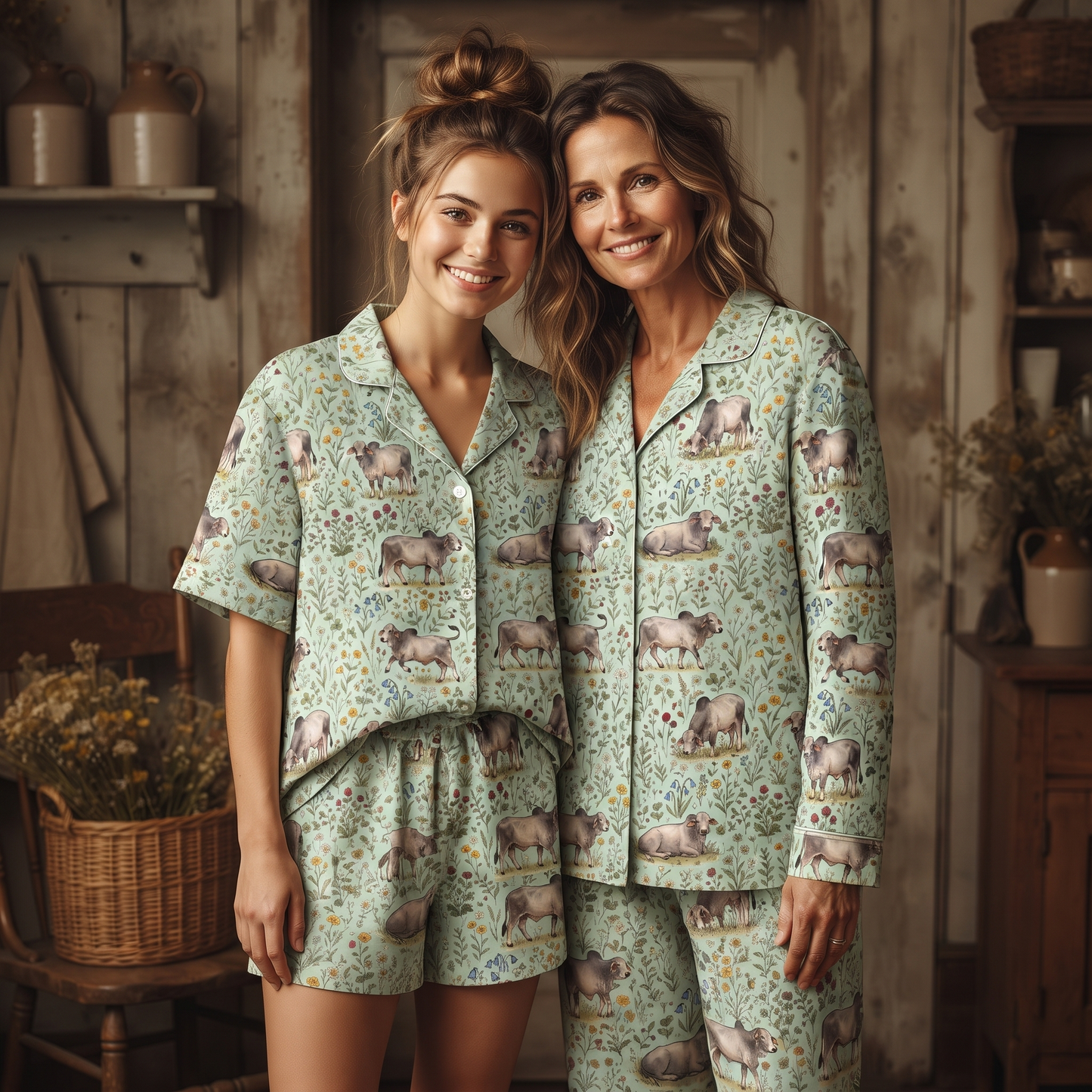 Grey Brahman cattle cute Floral Pattern Pajamas Set Matching Family Farrmer Outfit