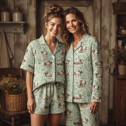 Grey Brahman cattle cute Floral Pattern Pajamas Set Matching Family Farrmer Outfit