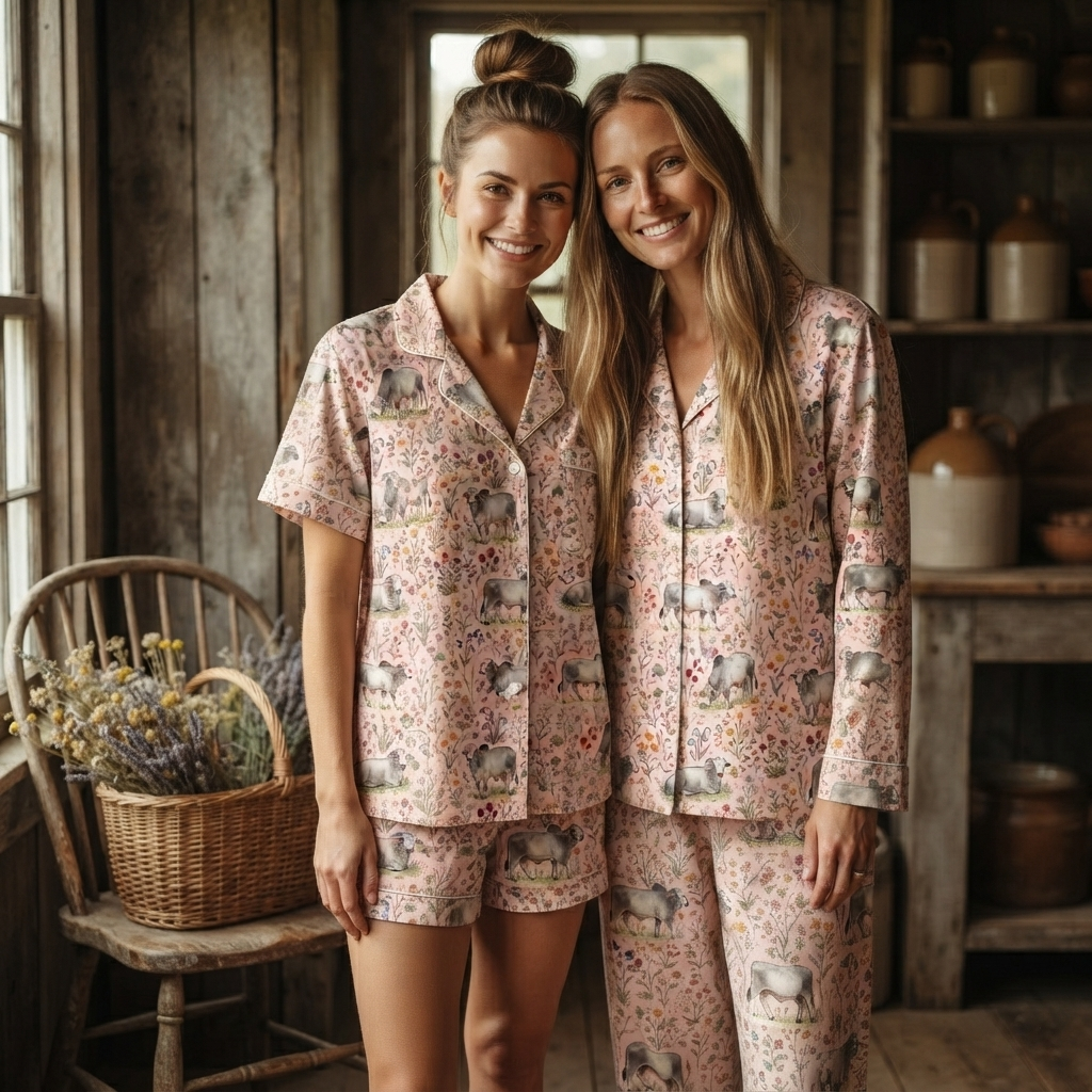 Grey Brahman cattle cute Floral Pattern Pajamas Set Matching Family Farrmer Outfit