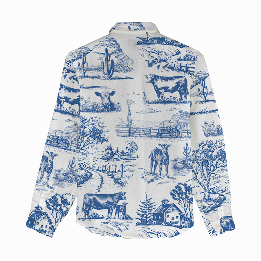 Cattle print Toile pattern Women's Mock Linen Shirts - myfunfarm
