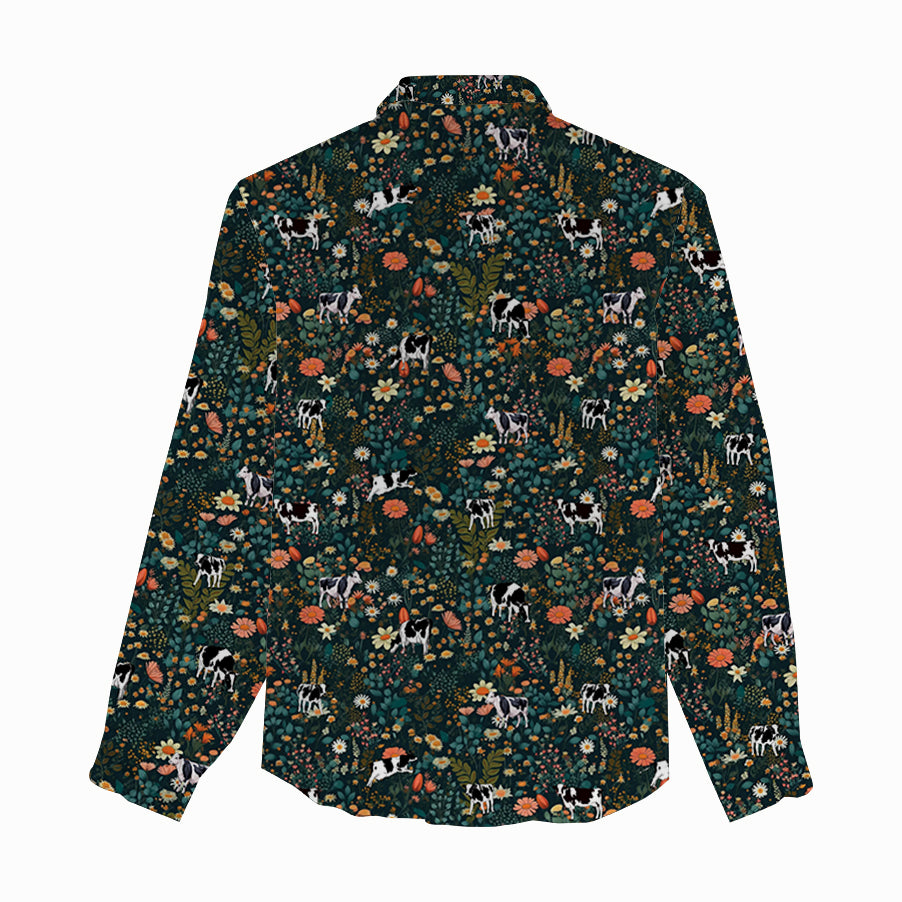 Floral Dairy cow pattern Women's Mock Linen Shirts for farmers - myfunfarm