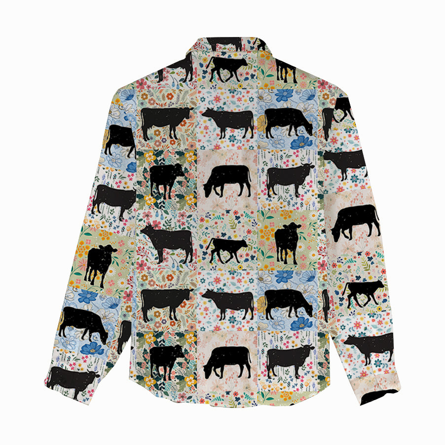 Retro Floral Cow Pattern Women's Linen Shirts for farmers